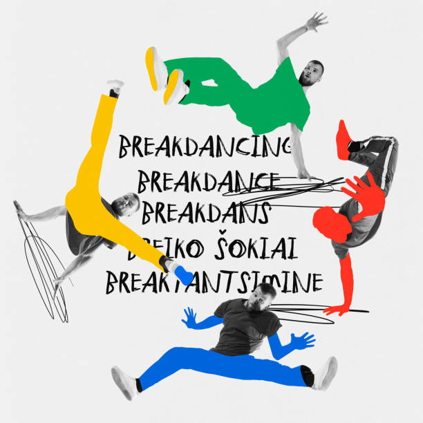Man, breakdancer dancing over white background with text and colorful elements. Contemporary art collage.