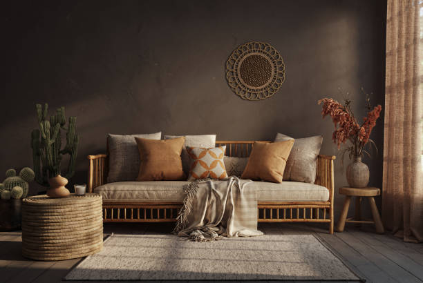 istock Dark Wabi sabi style interior with copy space on the limewash wall background. Wall mockup, 3d rendering 1864866374