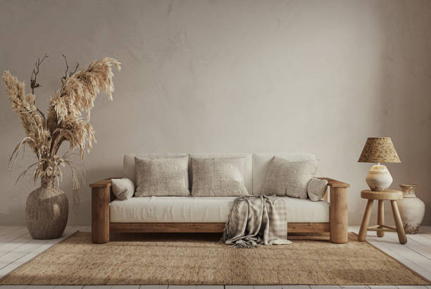 istock Wabi sabi style interior with copy space on the limewash wall background. Wall mockup, 3d rendering 1864866380