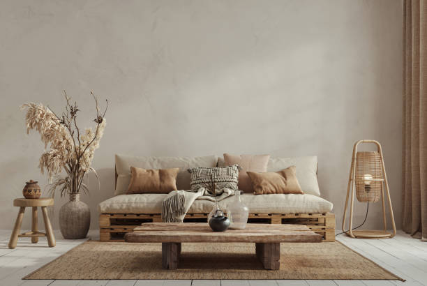 istock Wabi sabi style interior with copy space on the limewash wall background. Wall mockup, 3d rendering 1864866381