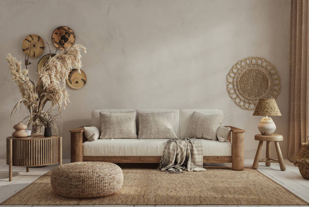 istock Wabi sabi style interior with copy space on the limewash wall background. Wall mockup, 3d rendering 1864866382