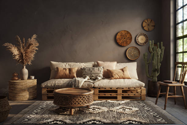 istock Dark Wabi sabi style interior with copy space on the limewash wall background. Wall mockup, 3d rendering 1864866398