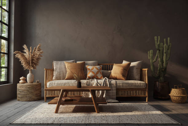 istock Dark Wabi sabi style interior with copy space on the limewash wall background. Wall mockup, 3d rendering 1864866400