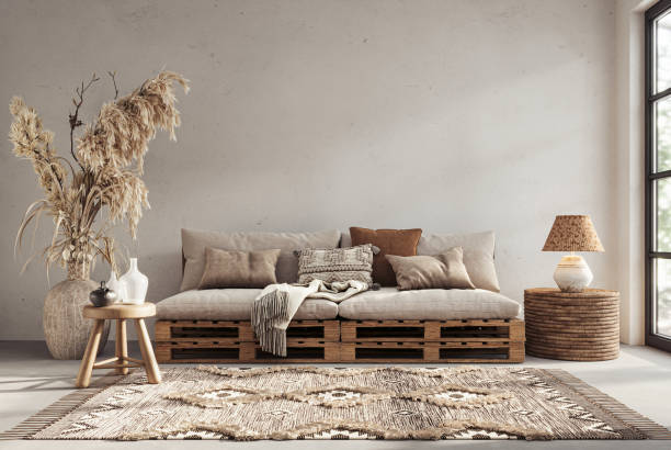 istock Wabi sabi style interior with copy space on the limewash wall background. Wall mockup, 3d rendering 1864866418