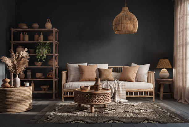 istock Dark Wabi sabi style interior with copy space on the limewash wall background. Wall mockup, 3d rendering 1864866424
