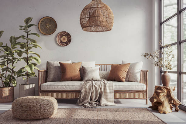 istock Wabi sabi style interior with copy space on the limewash wall background. Wall mockup, 3d rendering 1864866429