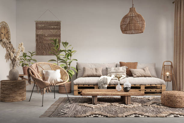 istock Wabi sabi style interior with copy space on the limewash wall background. Wall mockup, 3d rendering 1864866461