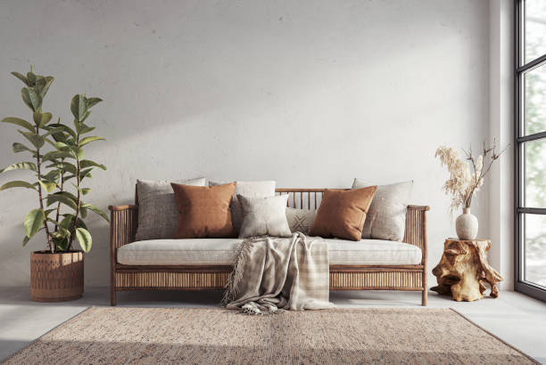 istock Wabi sabi style interior with copy space on the limewash wall background. Wall mockup, 3d rendering 1864866473