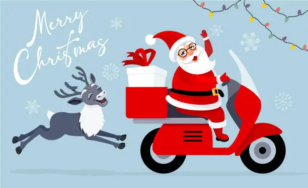 Vector illustration of Santa Claus delivering gifts on a scooter. The reindeer joyfully runs behind.