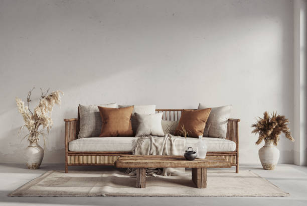 istock Wabi sabi style interior with copy space on the limewash wall background. Wall mockup, 3d rendering 1864866478