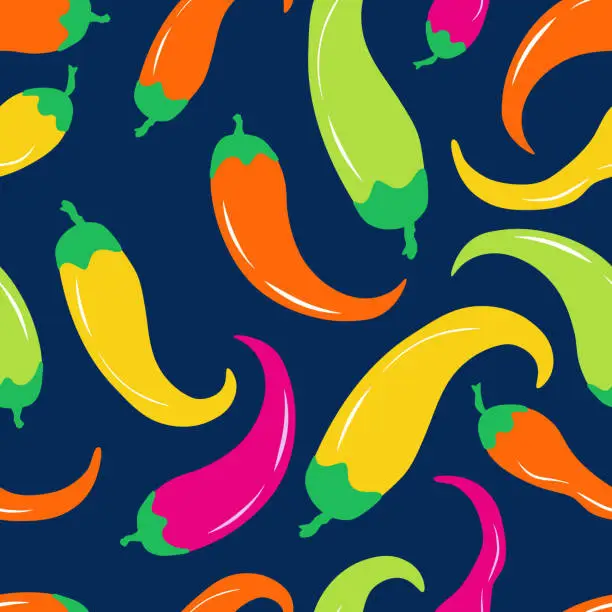 Vector illustration of Seamless vector pattern with multicolor chili peppers. Traditional Mexican cuisine hot spice. Bright background for shop, restaurant, kitchen decor