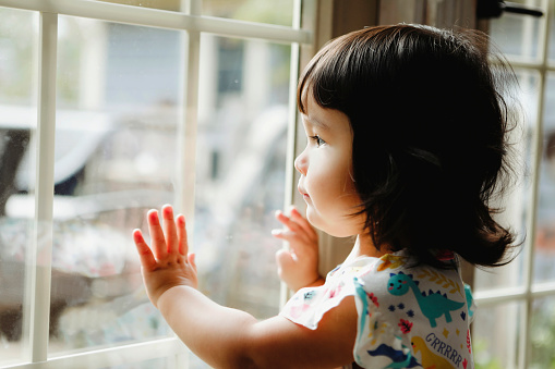 A close up image of a Native American two~year~old girl looking out the window.