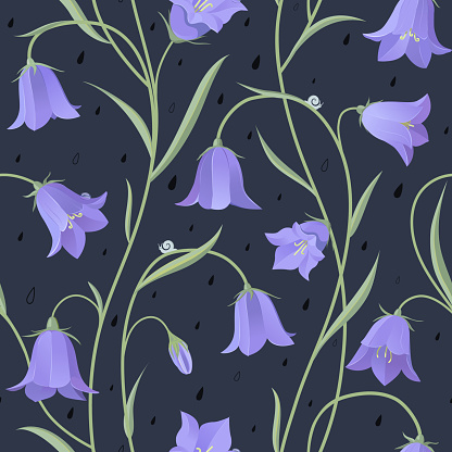 Delicate floral seamless pattern with bellflower plants, snails and raindrops on dark background