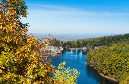 Scenic view of the Shawangunk mountains and Mohonk Lake in New Paltz, New York