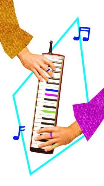 Poster. Contemporary art collage. Hands of unrecognizable people dressed retro outfit playing mouth-organ against white background with lines and notes. Concept of art, disco, party, happy and fun.