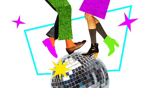 Poster. Contemporary art collage. Unrecognizable people dancing on shiny big disco ball against abstract designed background. Concept of art, disco, party, retro fashion, happy and fun.
