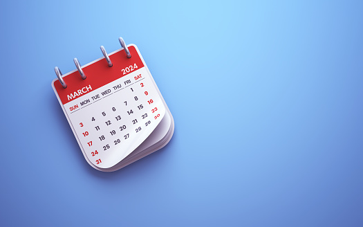 Calendario de marzo de 2024 sobre fondo azul, Calendario de escritorio photo