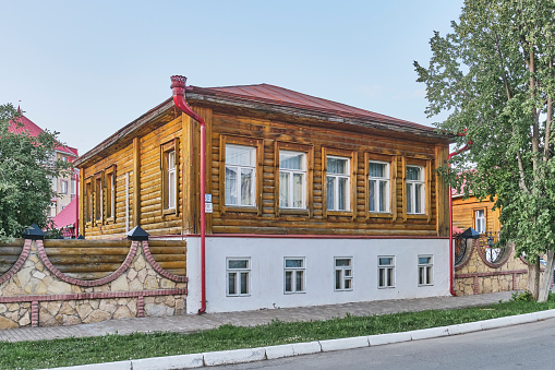 Yelabuga, Russia - June 18, 2023: Literary Museum of poet Marina Tsvetaeva. Historic building of late 19th century on Kazanskaya Street. Cultural heritage site