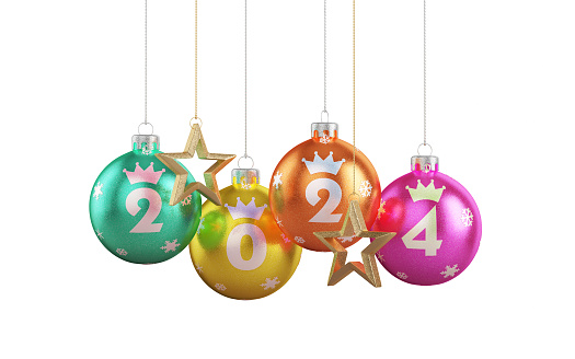 3d Render Christmas Ball Decorations 2024 New Year concept. Clipping Path on White Background (isolated on white)