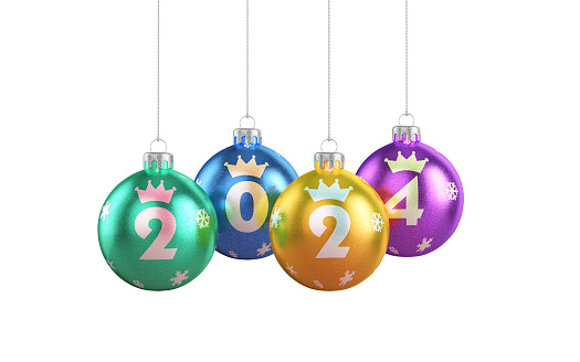 3d Render Christmas Ball Decorations 2024 New Year concept. Clipping Path on White Background (isolated on white)