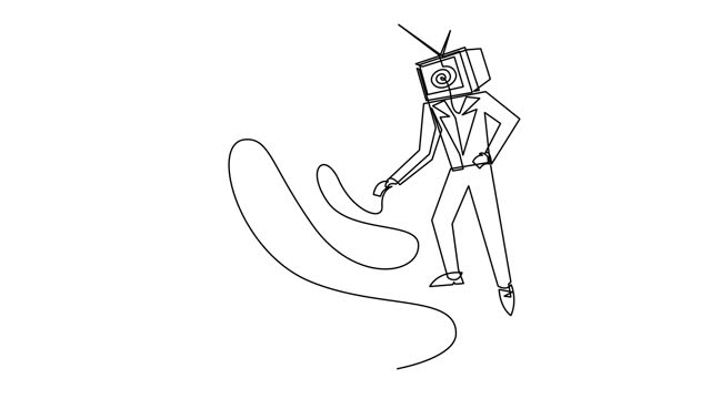 Self drawing animation of propaganda or video blogging conceptual illustration with a man with TV instead of head.