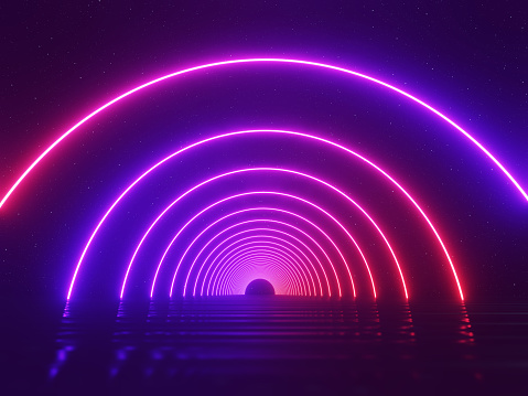 CGI, Abstract Images Reflecting Futuristic Circle Neon Laser Lights in Tunnel 3D Rendering