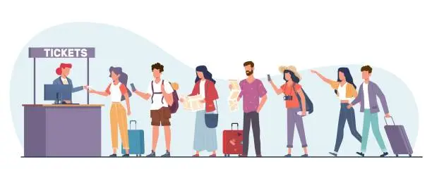 Vector illustration of Line of people standing at box office to buy tickets. Tourists in queue. Men and women with city maps and baggage standing and reception. Cartoon flat style isolated vector concept