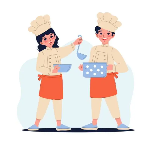 Vector illustration of Cheerful boy and girl in chef costume holding pot and plate. Happy kids cooking food. Children in hat and apron. restaurant and cafe professional workers. Cartoon isolated vector concept