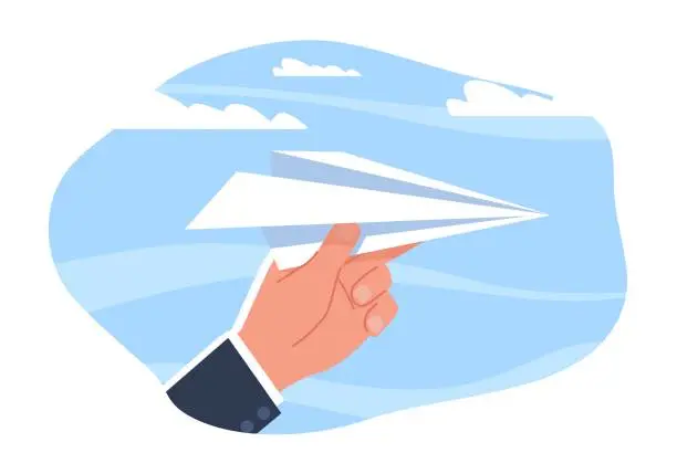 Vector illustration of Starting business, paper airplane in hand. Launching new project, sending message. Origami plane on blue background. Letter delivering. Cartoon flat isolated vector startup concept