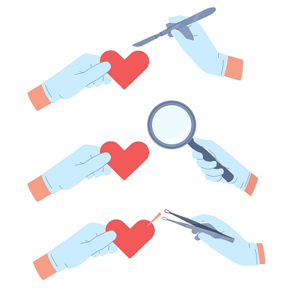 Concept of treating heart pain, gloved hands with scalpel, magnifying glass and tweezers. Heartbroken in romantic relationships symbol. Medical tools. Vector cartoon flat style isolated illustration