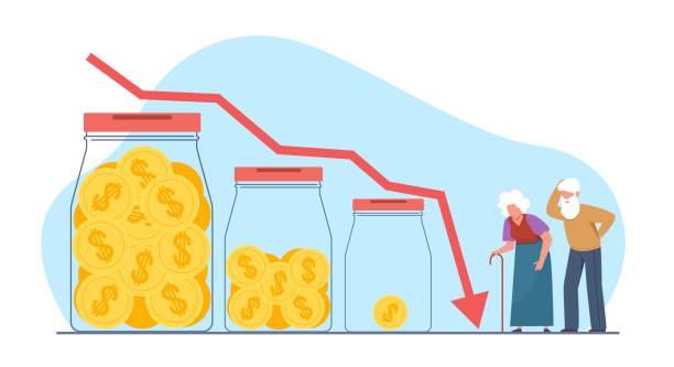 illustrations, cliparts, dessins animés et icônes de les hommes et les femmes âgés ont perdu tous leurs investissements ou leur pension. économies dans un bocal en verre. les grands-parents perdent de l’argent. crise économique. illustration isolée de bande dessinée. concept d’inflation vectorielle - recession finance financial figures savings