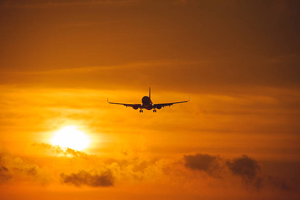 istock Silhouette of the big plane on a sunset background 186494279