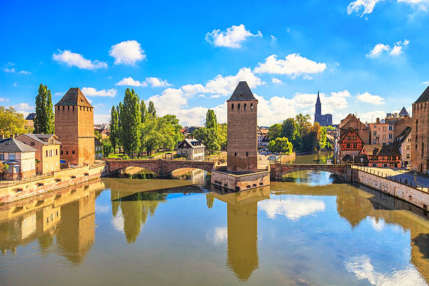Strasbourg, medieval bridge Ponts Couverts and Cathedral. Alsace Strasbourg, medieval bridge Ponts Couverts and Cathedral, view from Barrage Vauban. Alsace, France. petite france strasbourg stock pictures, royalty-free photos & images