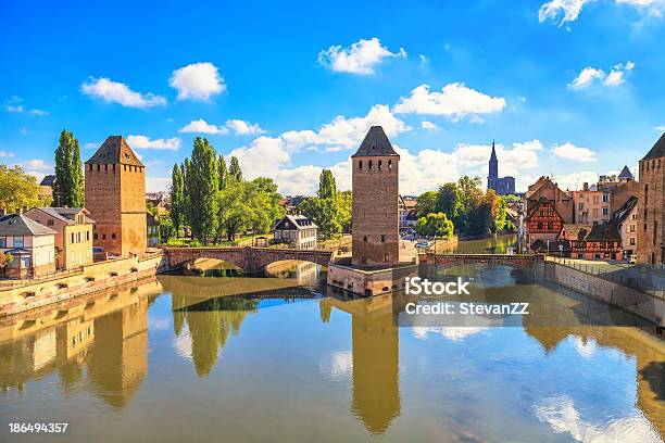 Strasbourg Medieval Bridge Ponts Couverts And Cathedral Alsace Stock Photo - Download Image Now