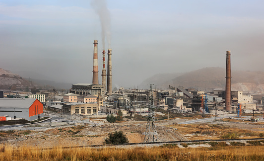 Industrial plant polluting the environment. Panorama industrial landscape