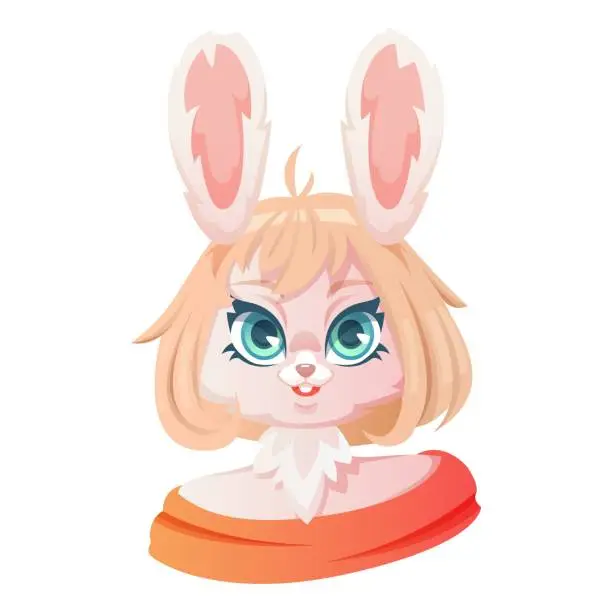 Vector illustration of Portrait of a cute cartoon anthropomorphic bunny girl, a furry character.