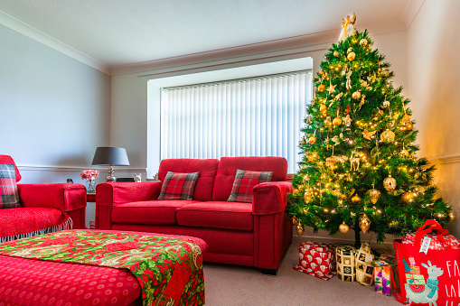 Interior of a domestic living room decorated for the Christmas holidays. The red sofas and green Christmas tree add to the festive feeling. The tree is illuminated and adorned with decorations, and presents underneath the tree.