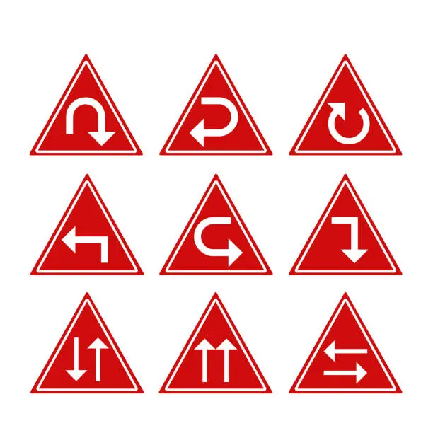 Vector illustration of Traffic signs that show road direction information with a red triangle panel frame