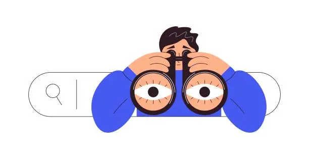 Vector illustration of Business concept of searching for decisions, new ideas and opportunities. Surfing Internet. Character looks through binoculars. Online information search, query or research. Development concept.