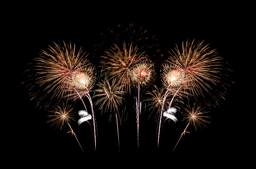 Beautiful golden fireworks exploding  on black sky for celebration and anniversary