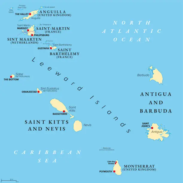 Vector illustration of From Anguilla to Montserrat, islands in the Caribbean, political map
