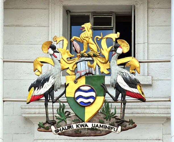 Nairobi, Kenya: detail of the facade of Nairobi City Hall. City of Nairobi symbol. Nairobi coat of arms - photo by M.Torres