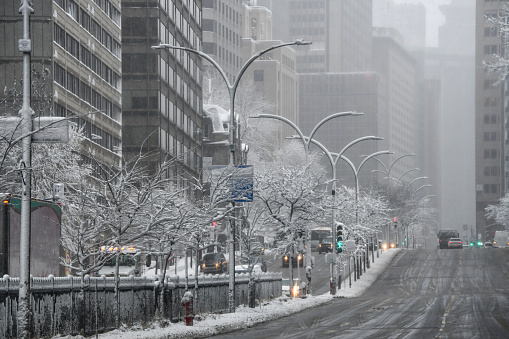 Downtown Montreal street during a winter storm