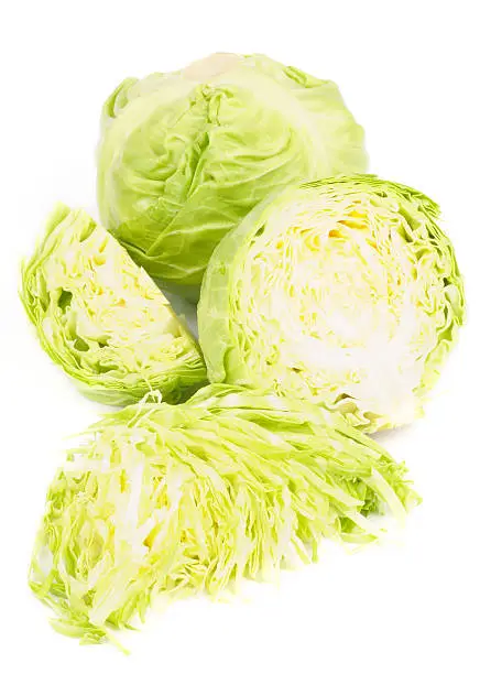 Arrangement of Fresh Raw Cabbage Full Body, Halves and Shredded Slices isolated on white background