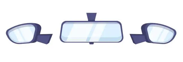 Vector illustration of Car rear and side view mirrors. Automobile behind reflection. Auto transportation. Glass frame for vehicle back control. Transport traffic dashboard. Drive visibility. Vector concept