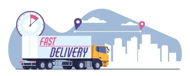 Vector illustration of Fast delivery. Cargo truck transportation. Quickly goods shipping. Transport route. Freight logistics. City auto traffic. Courier express service. Order shipment tracking. Vector concept
