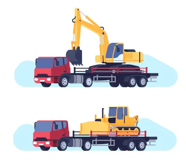 Vector illustration of Truck carrying construction equipment. Lorry for excavator and bulldozer shipping. Transport logistics. Industrial vehicle traffic. Cargo automobile. Building machine. Vector concept
