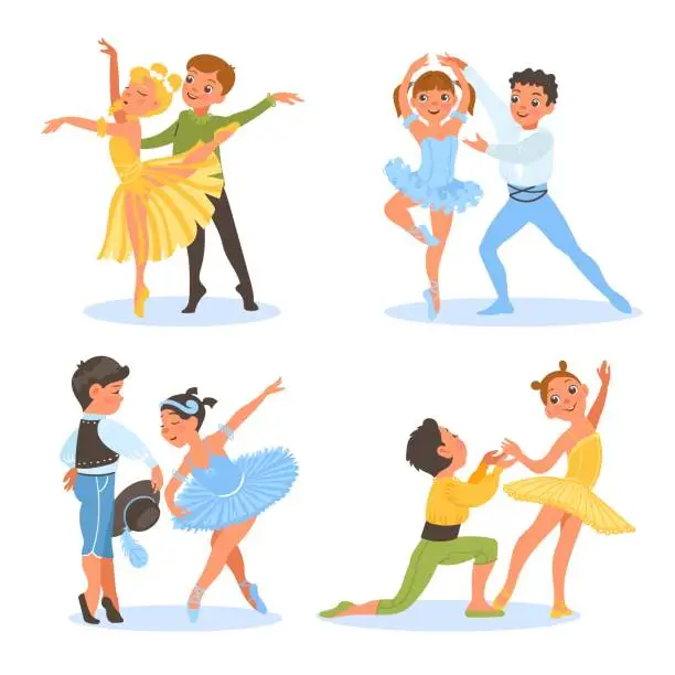 Vector illustration of Ballerinas couples. Young ballet dancers. Boys and girls wearing beautiful costumes. Choreographic positions. Kids with tutu and pointe shoes. Dance performance. Splendid vector set