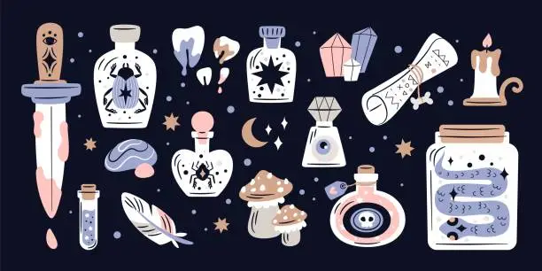 Vector illustration of Fairy tale elements. Cartoon magic bottles with different creatures. Sword and parchment scroll. Mushrooms or beetle in vials. Witchcraft potions. Sorcerer chemistry. Garish vector set