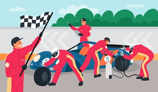 Professional pit stop mechanics. Car repair at sport race. Fast automobile maintenance. Workers team in uniform. Racing competition. Tire change. Technician crew. Auto rally. Garish vector concept